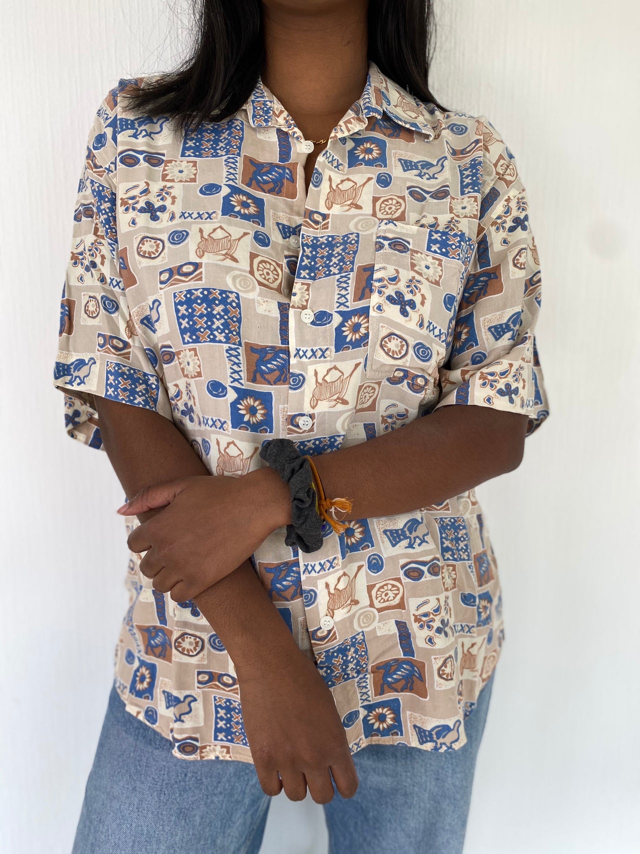 Chemise Vintage 80/90s beige à motifs bleus L