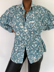 Chemise Vintage 80/90s blanche et turquoise à motifs XL
