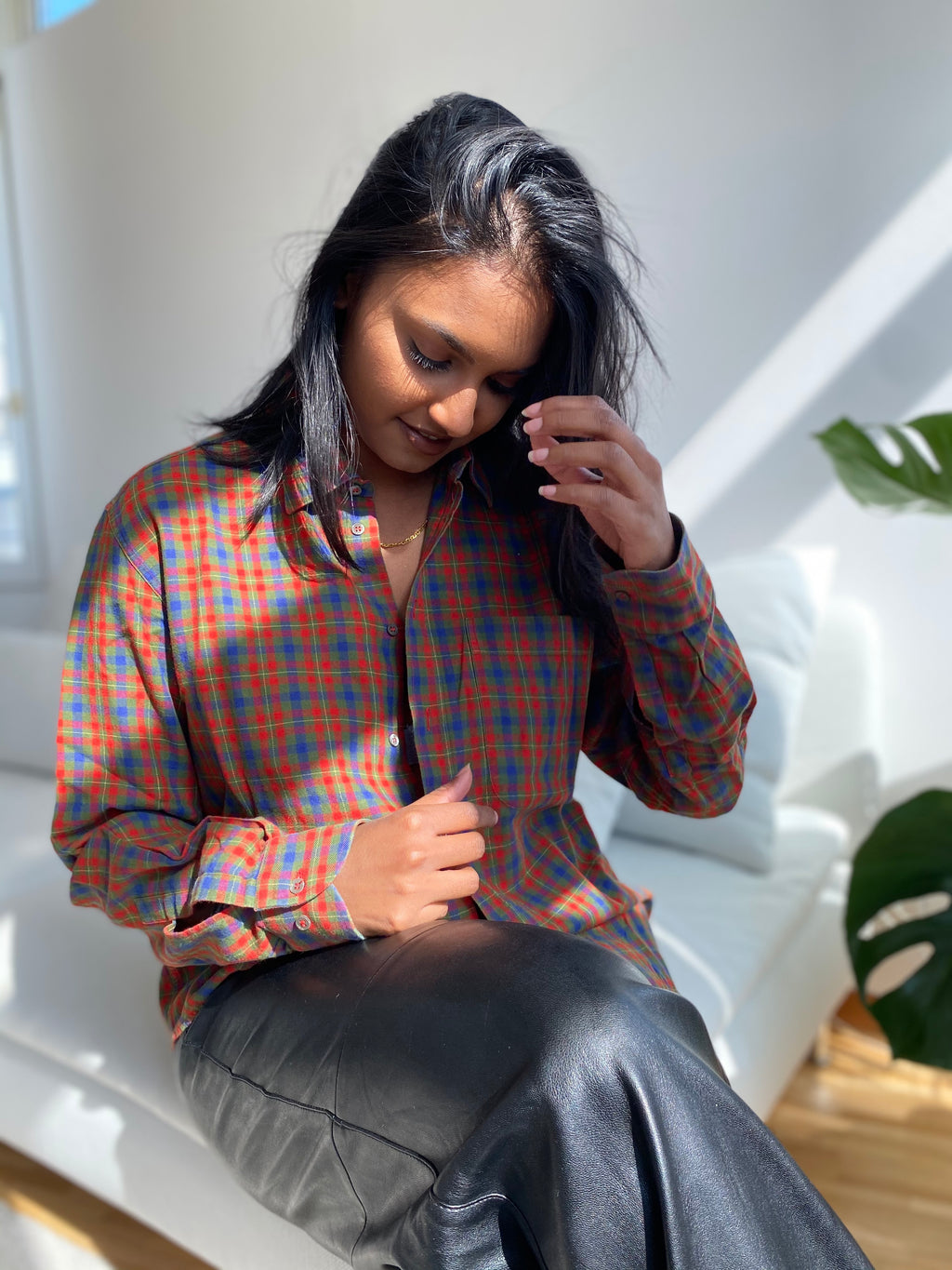 Chemise Vintage à carreaux oranges/bleus/verts L