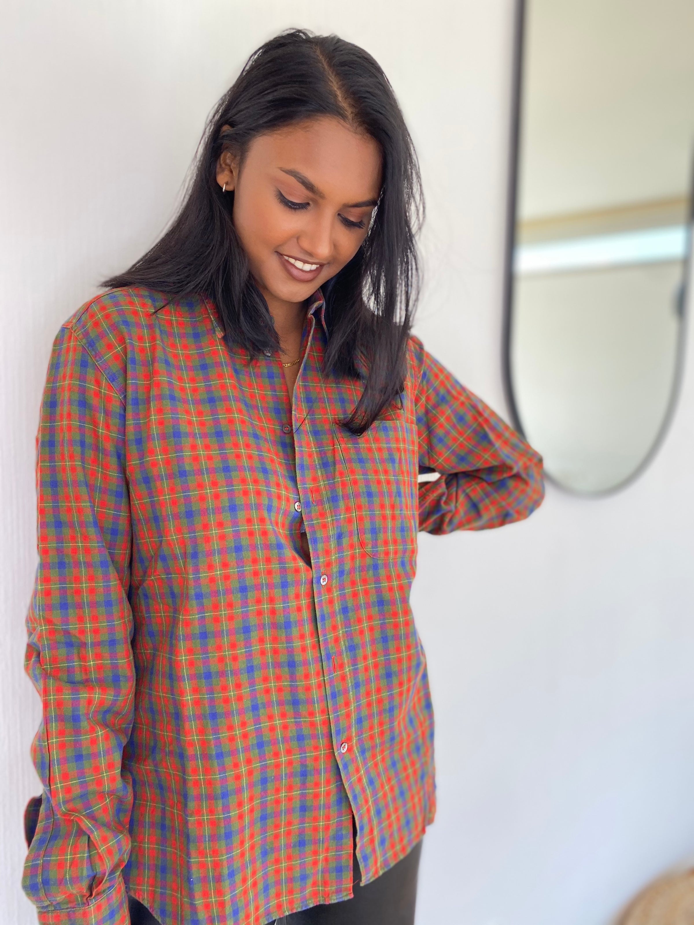 Chemise Vintage à carreaux oranges/bleus/verts L