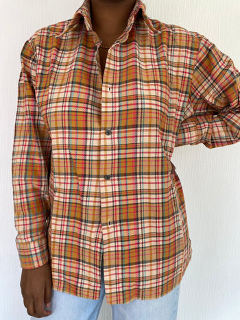 Chemise Vintage à carreaux beiges et oranges