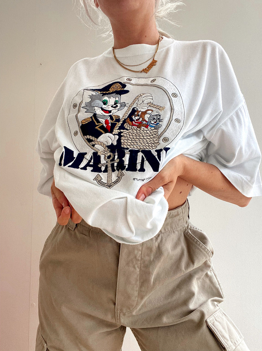 Weißes besticktes Tom &amp; Jerry-T-Shirt XL