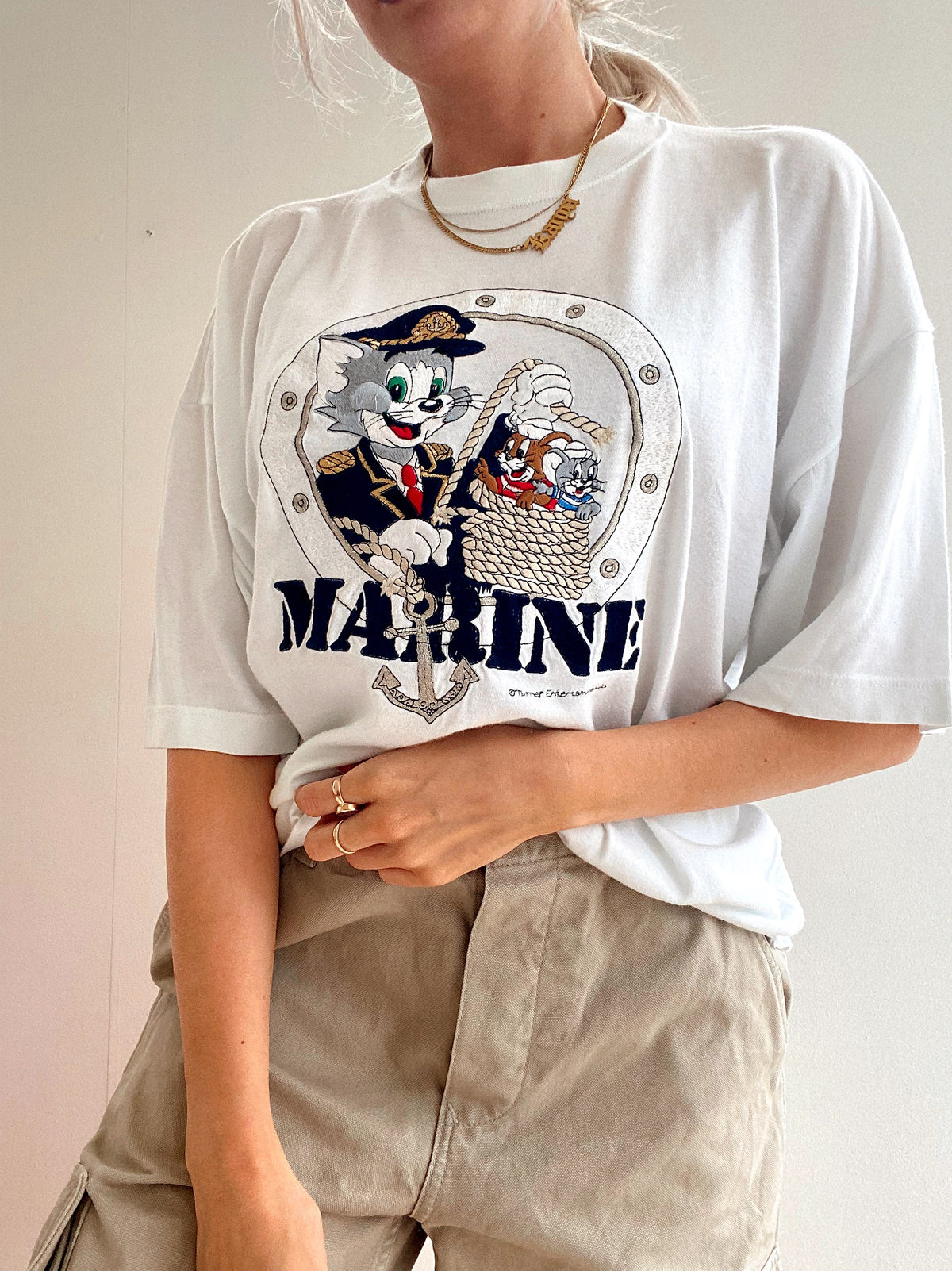 Weißes besticktes Tom &amp; Jerry-T-Shirt XL