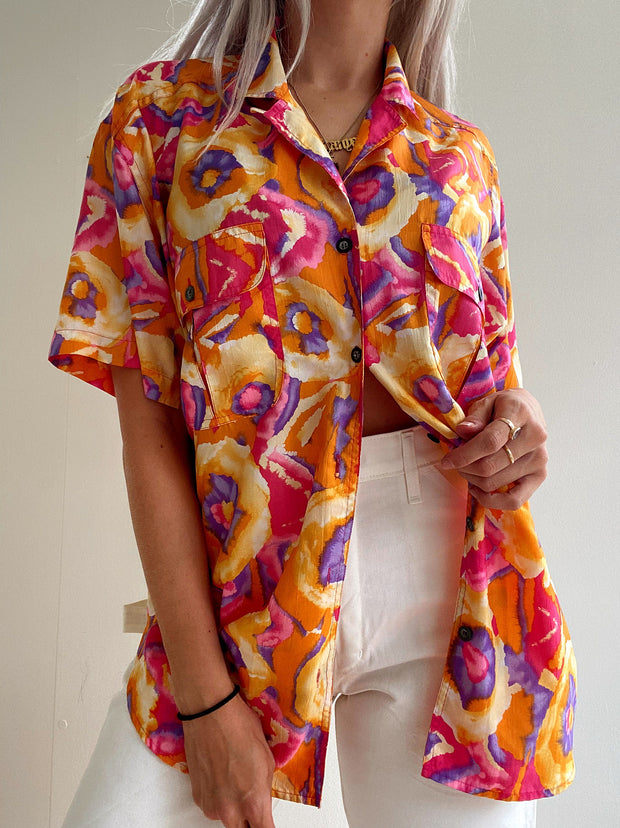 Chemise Vintage 80/90s orange et roses à motifs