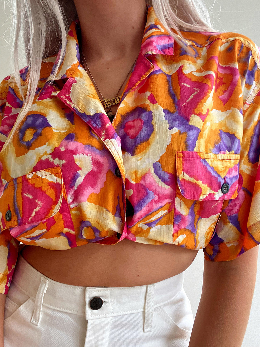Chemise Vintage 80/90s orange et roses à motifs