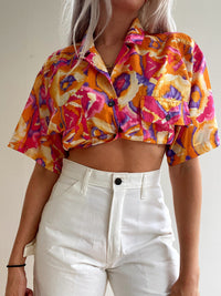 Chemise Vintage 80/90s orange et roses à motifs
