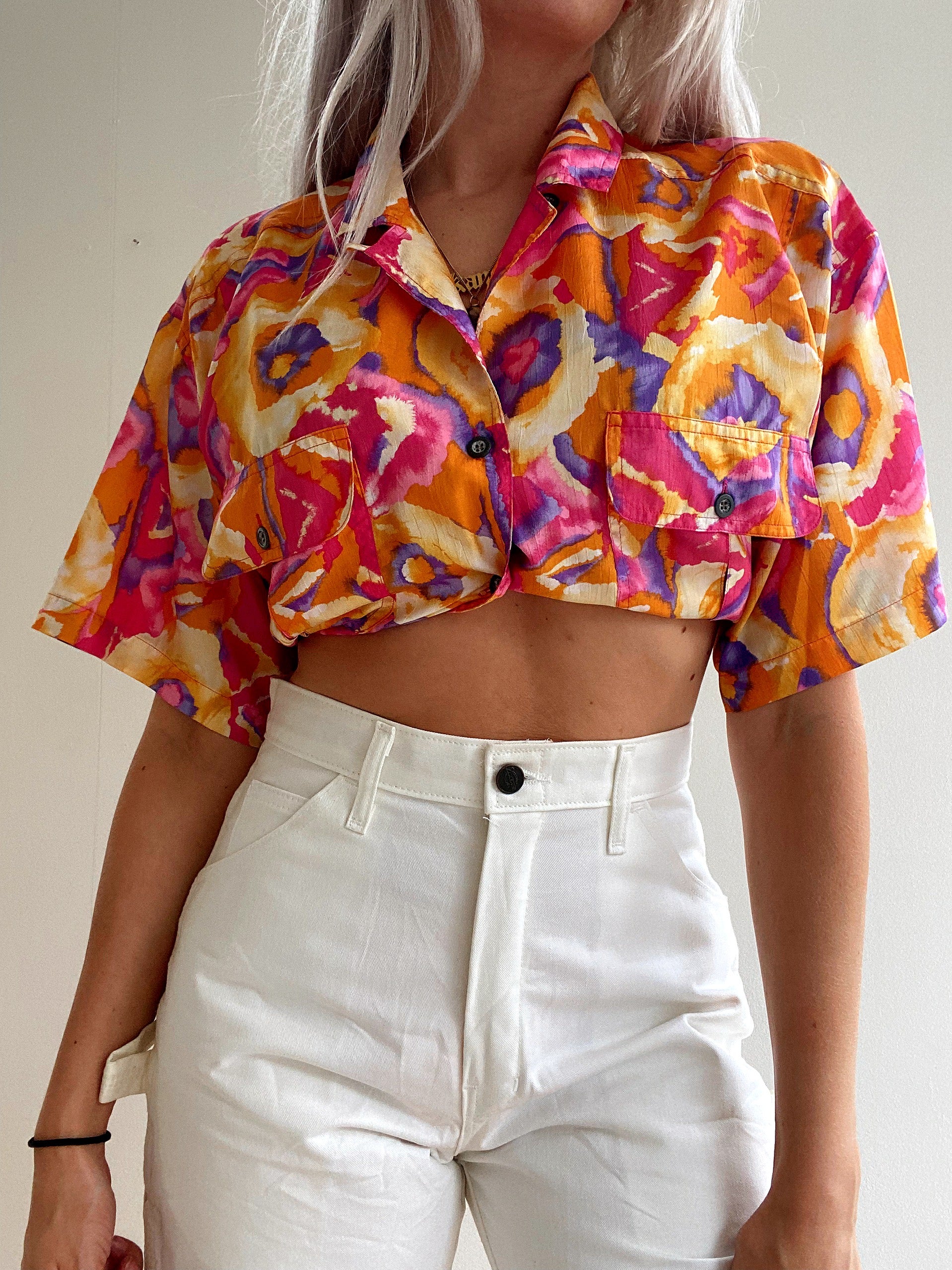 Chemise Vintage 80/90s orange et roses à motifs