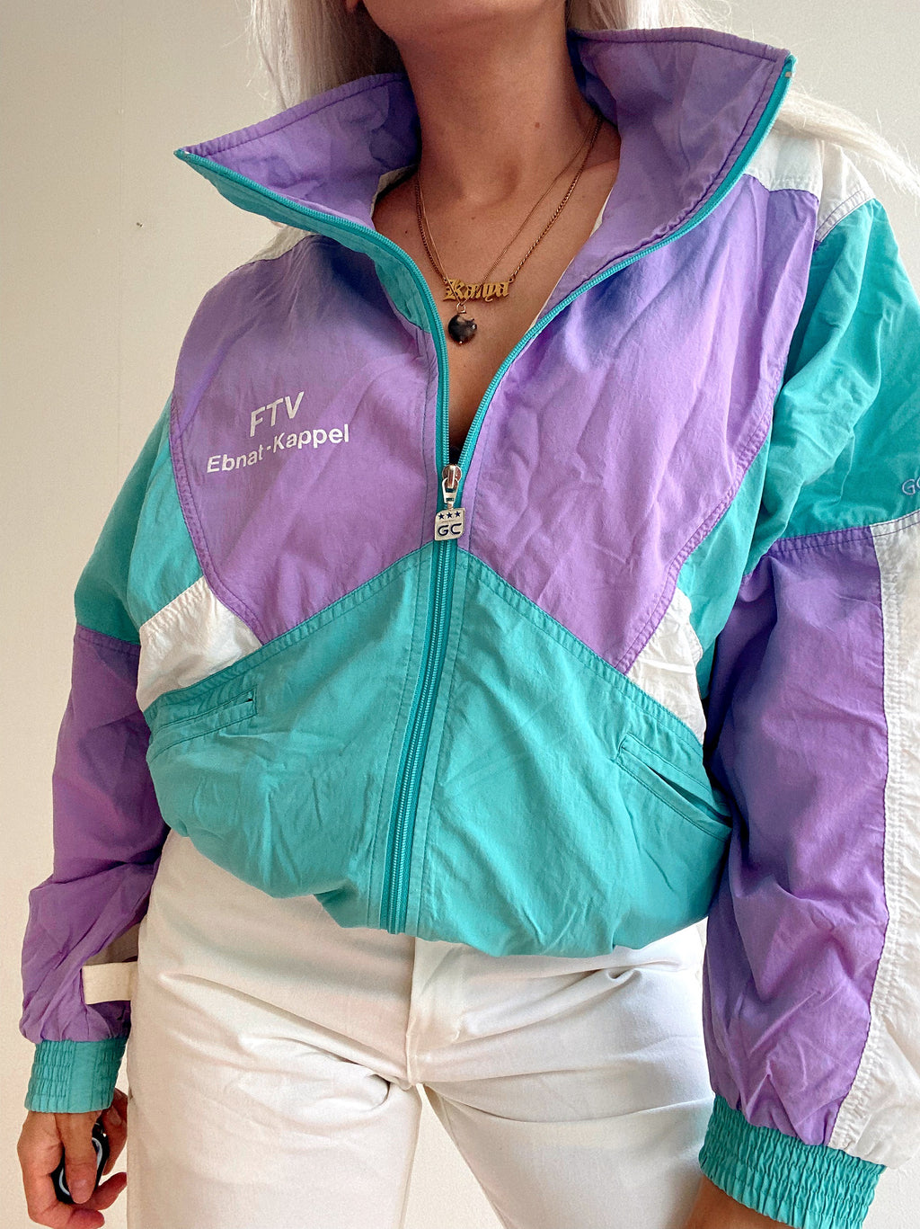 Vintage-Joggingjacke in Türkis und Lila XL