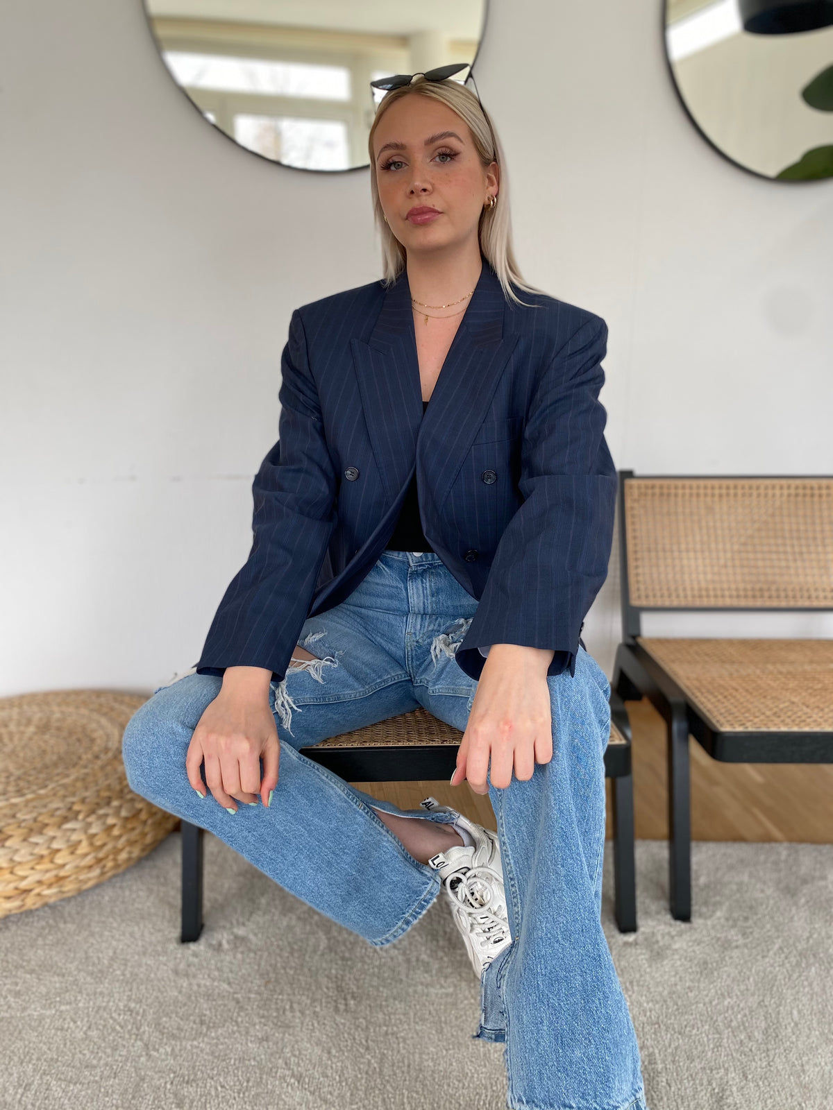 Veste Blazer oversize bleu foncé à rayures L