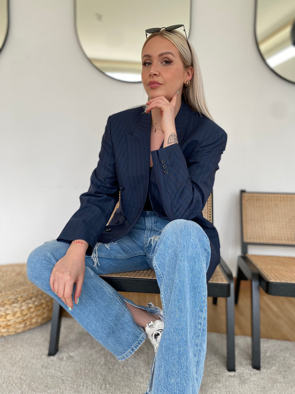 Oversized dark blue striped blazer jacket L