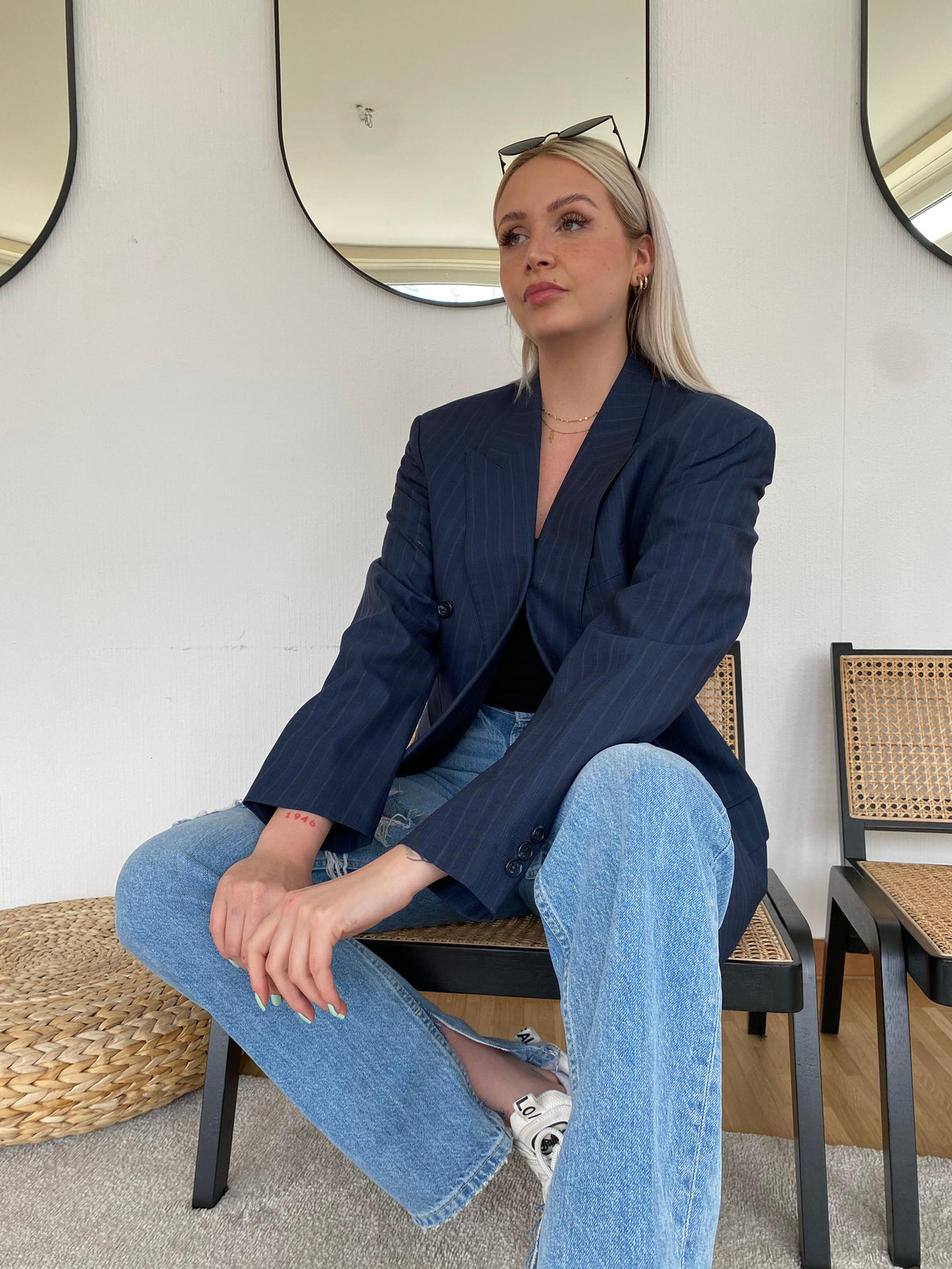 Veste Blazer oversize bleu foncé à rayures L