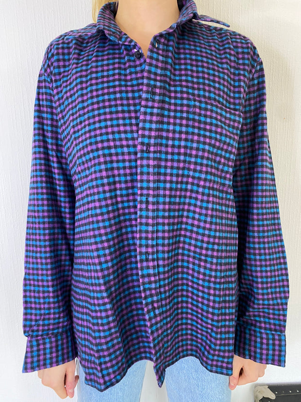 Chemise Vintage à petits carreaux turquoise/rose L