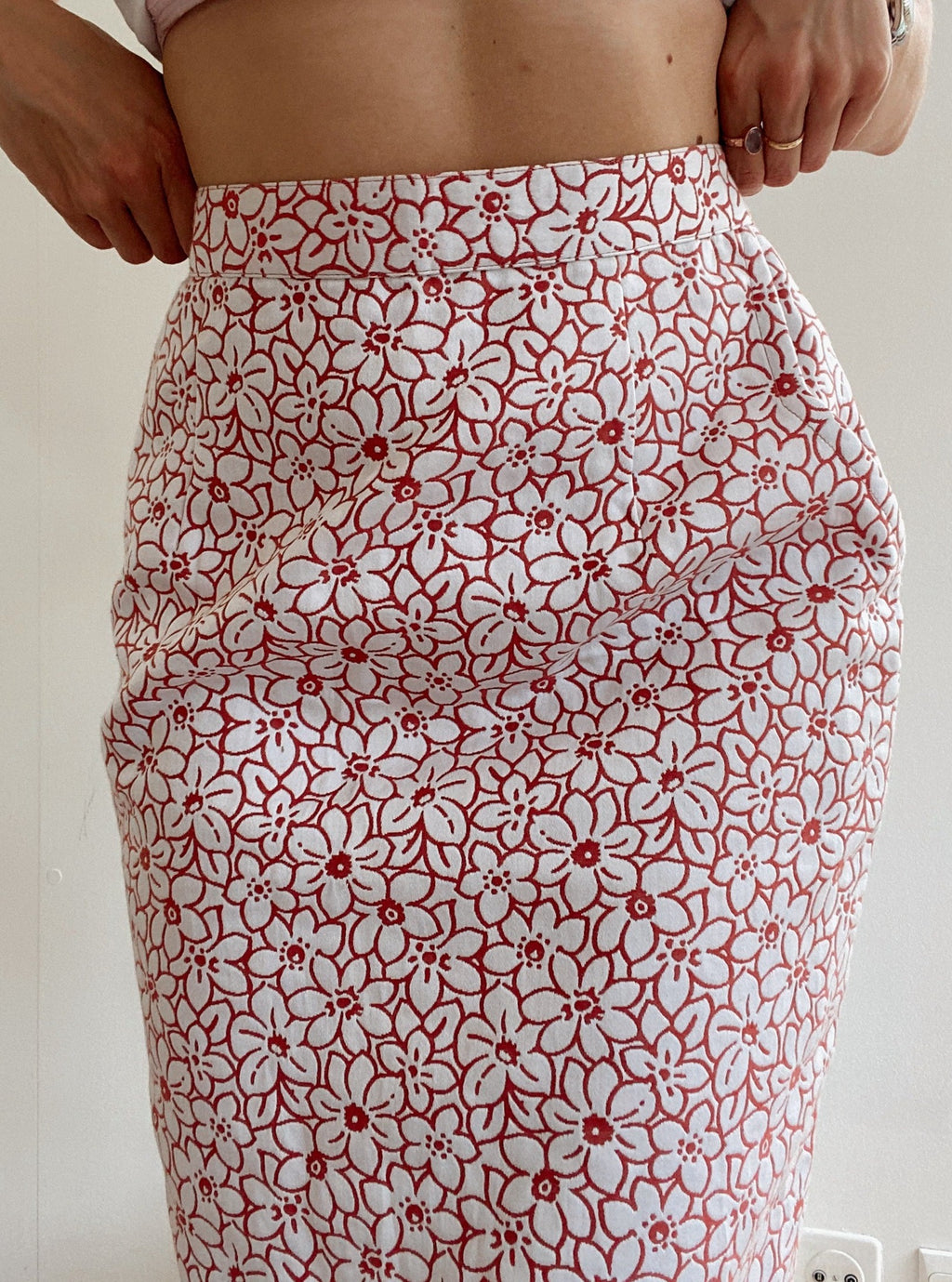 Vintage weißer und rosa/roter Bleistiftrock S