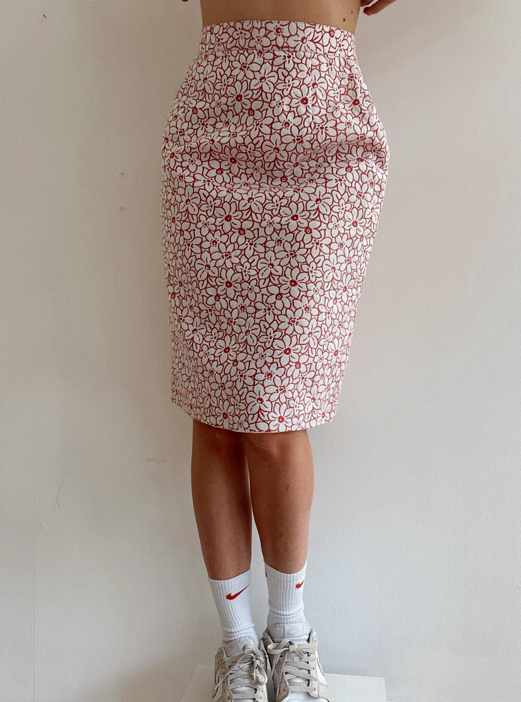 Vintage weißer und rosa/roter Bleistiftrock S