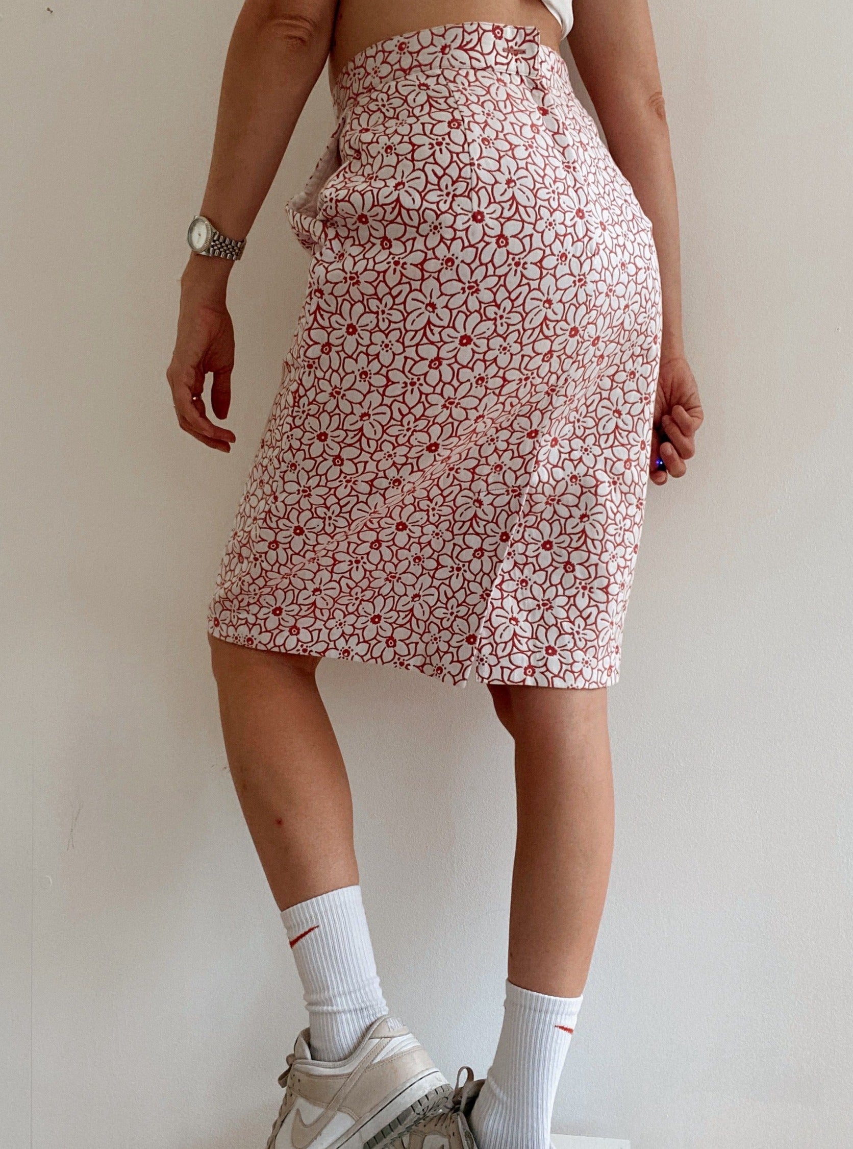 Vintage weißer und rosa/roter Bleistiftrock S