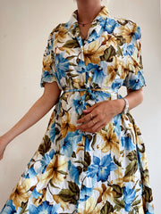 Robe vintage khaki et bleue à fleurs M/L