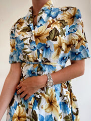 Robe vintage khaki et bleue à fleurs M/L