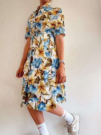 Robe vintage khaki et bleue à fleurs M/L