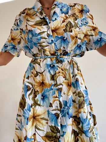 Robe vintage khaki et bleue à fleurs M/L