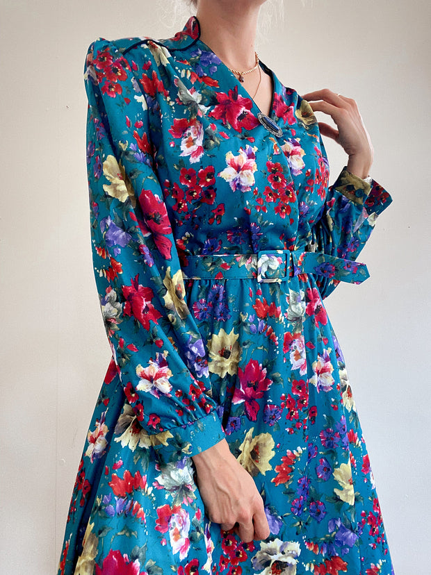 Robe vintage bleue turquoise à fleurs M/L