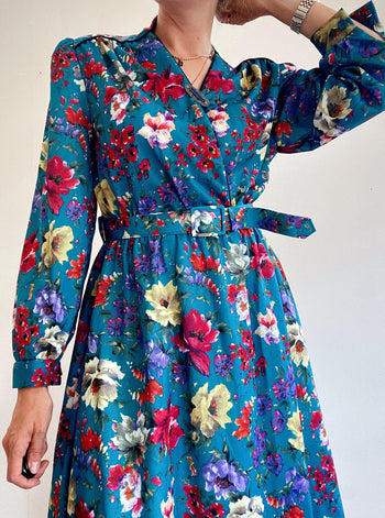 Robe vintage bleue turquoise à fleurs M/L