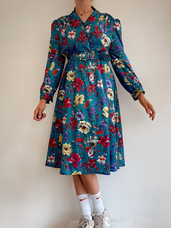 Robe vintage bleue turquoise à fleurs M/L