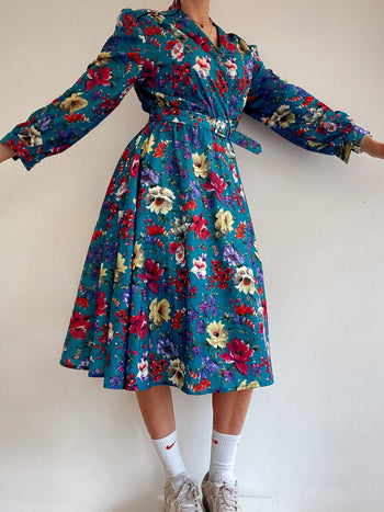 Robe vintage bleue turquoise à fleurs M/L