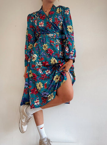 Robe vintage bleue turquoise à fleurs M/L