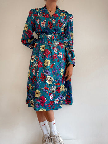 Robe vintage bleue turquoise à fleurs M/L