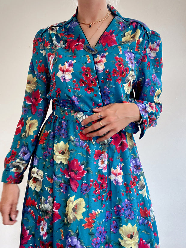 Vintage türkisblaues Kleid mit Blumen M/L