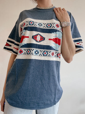 T-shirt vintage bleu à motifs inca S/M