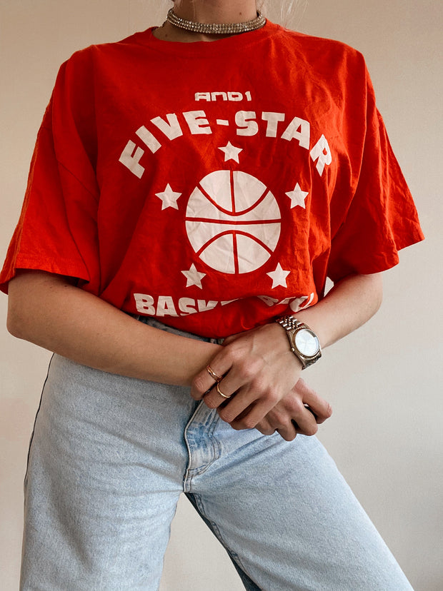 Orangefarbenes Basketball-Five-Star-XL-T-Shirt