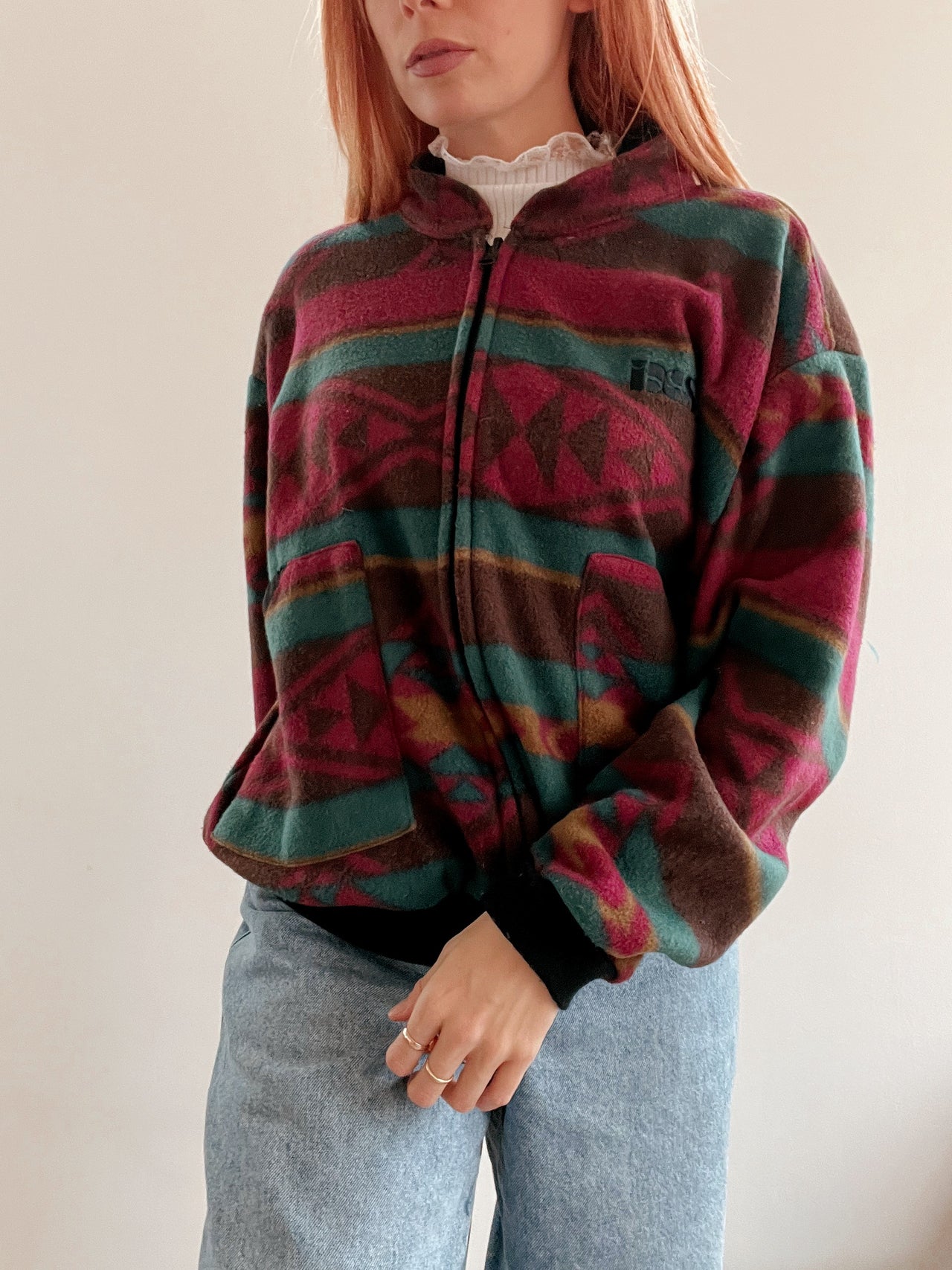 Pull/jacket polaire vintage rose et vert M