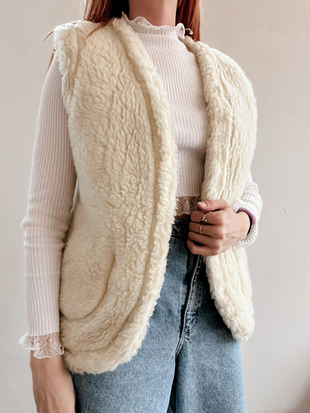 Gilet en laine "réversible" beige/blanc cassé