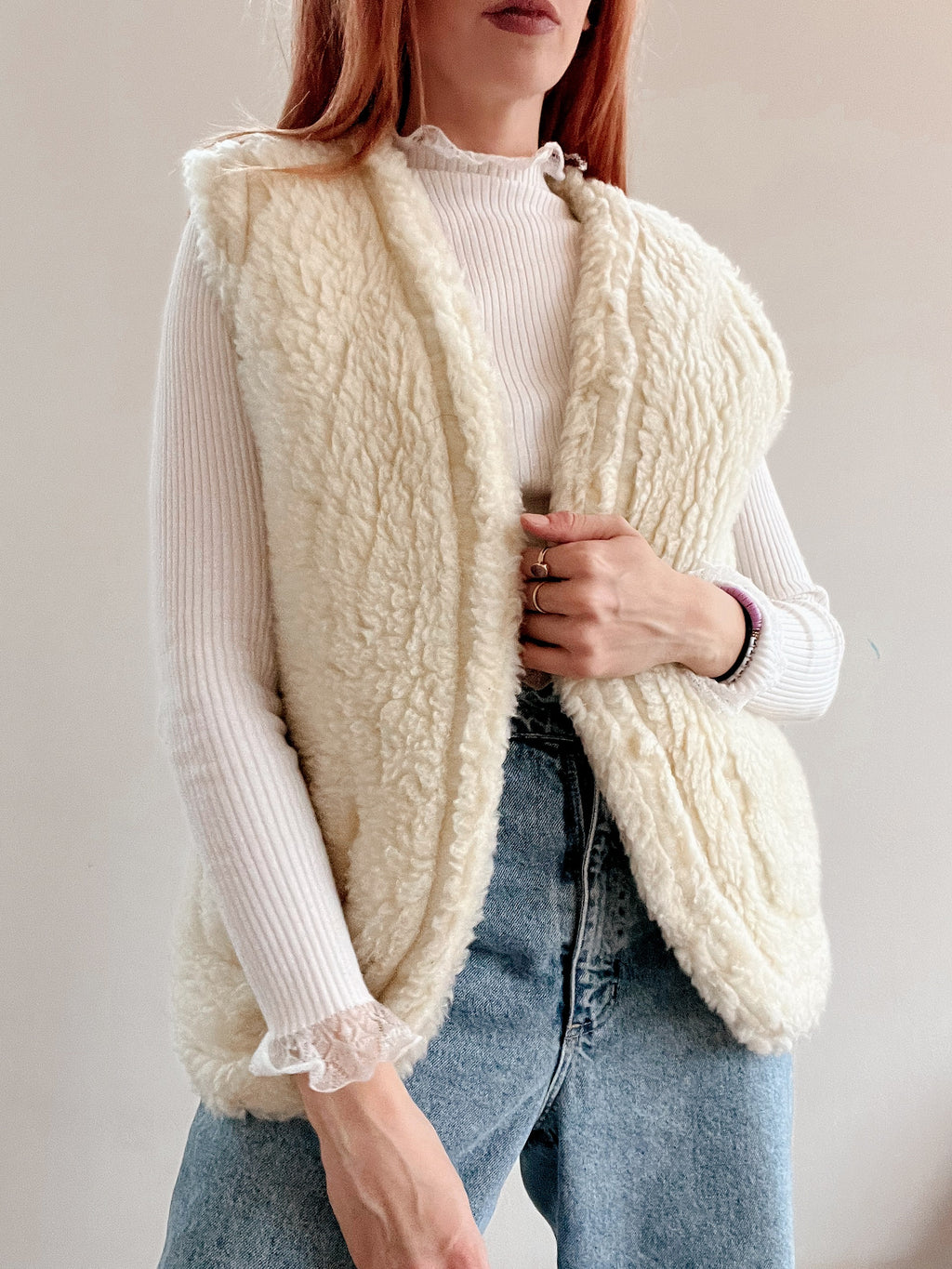 Gilet en laine "réversible" beige/blanc cassé