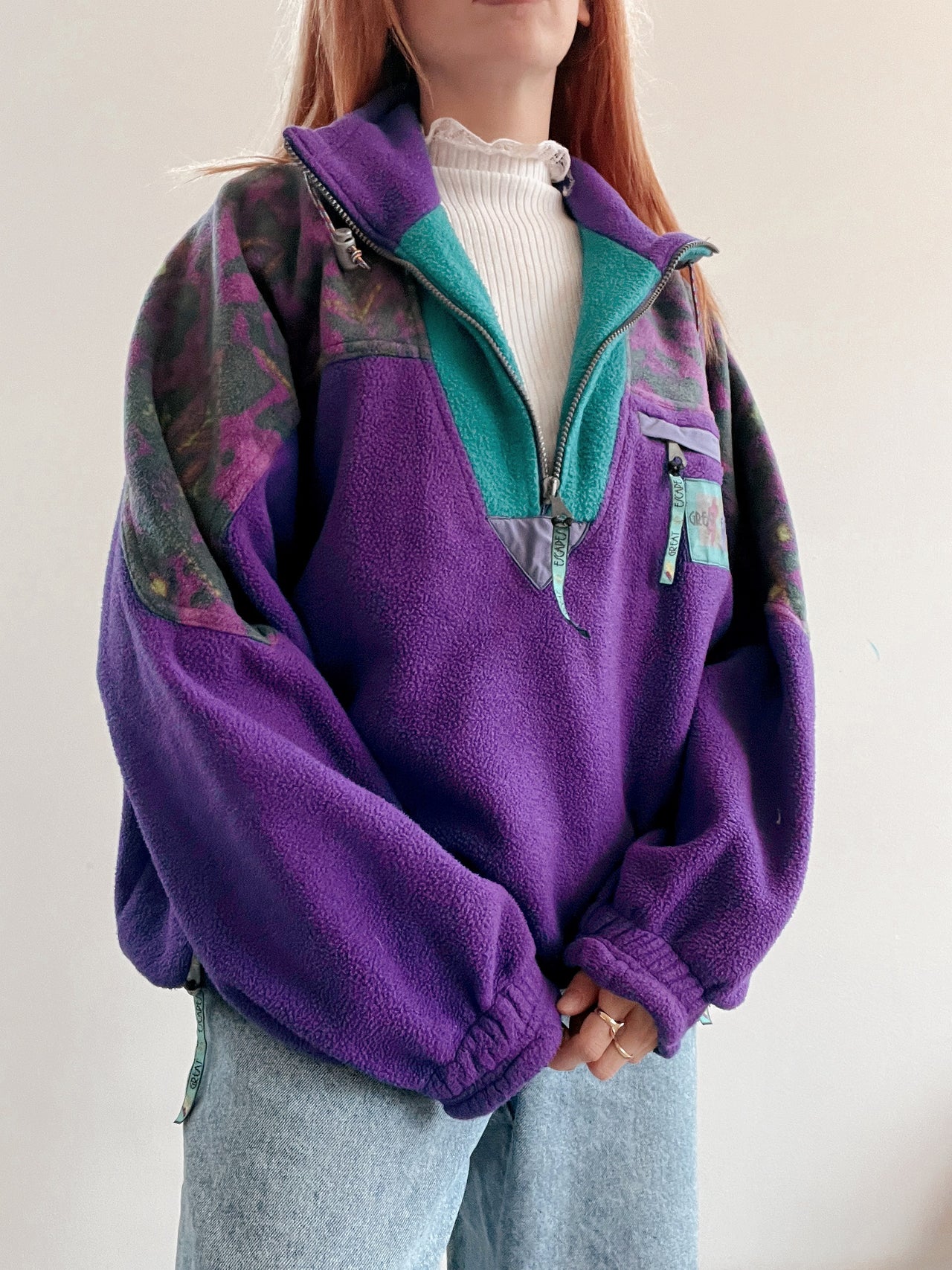 Vintage lila/türkiser Fleecepullover XL