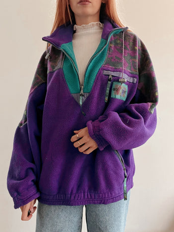 Pull polaire vintage violet / turquoise XL