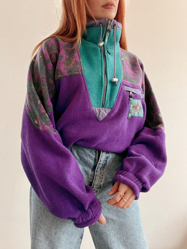 Pull polaire vintage violet / turquoise XL