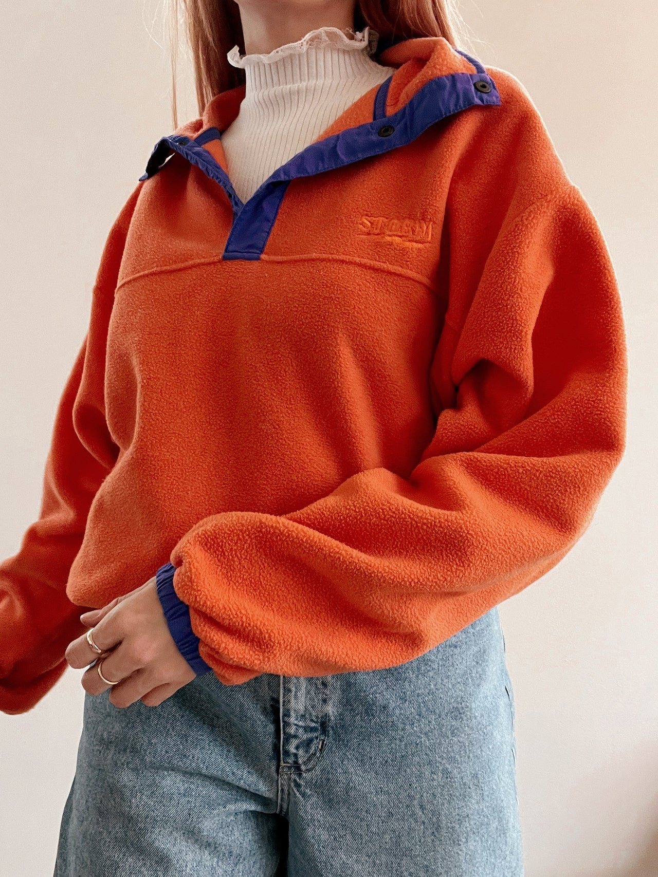 Vintage orangefarbener Fleecepullover L