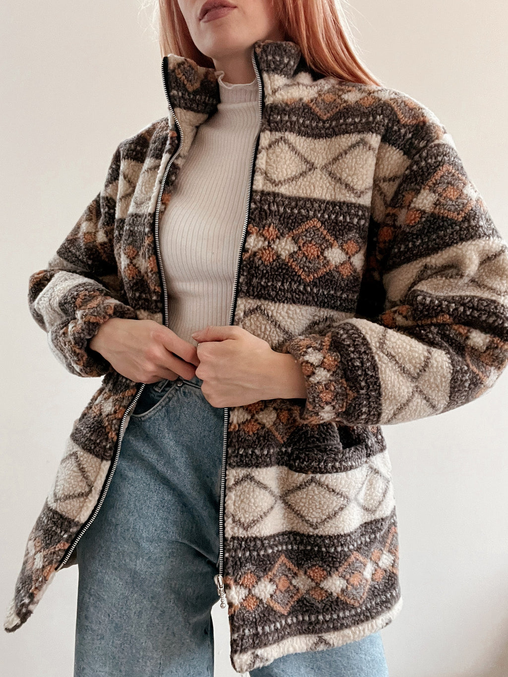 Jacket polaire vintage beige ceintrée M