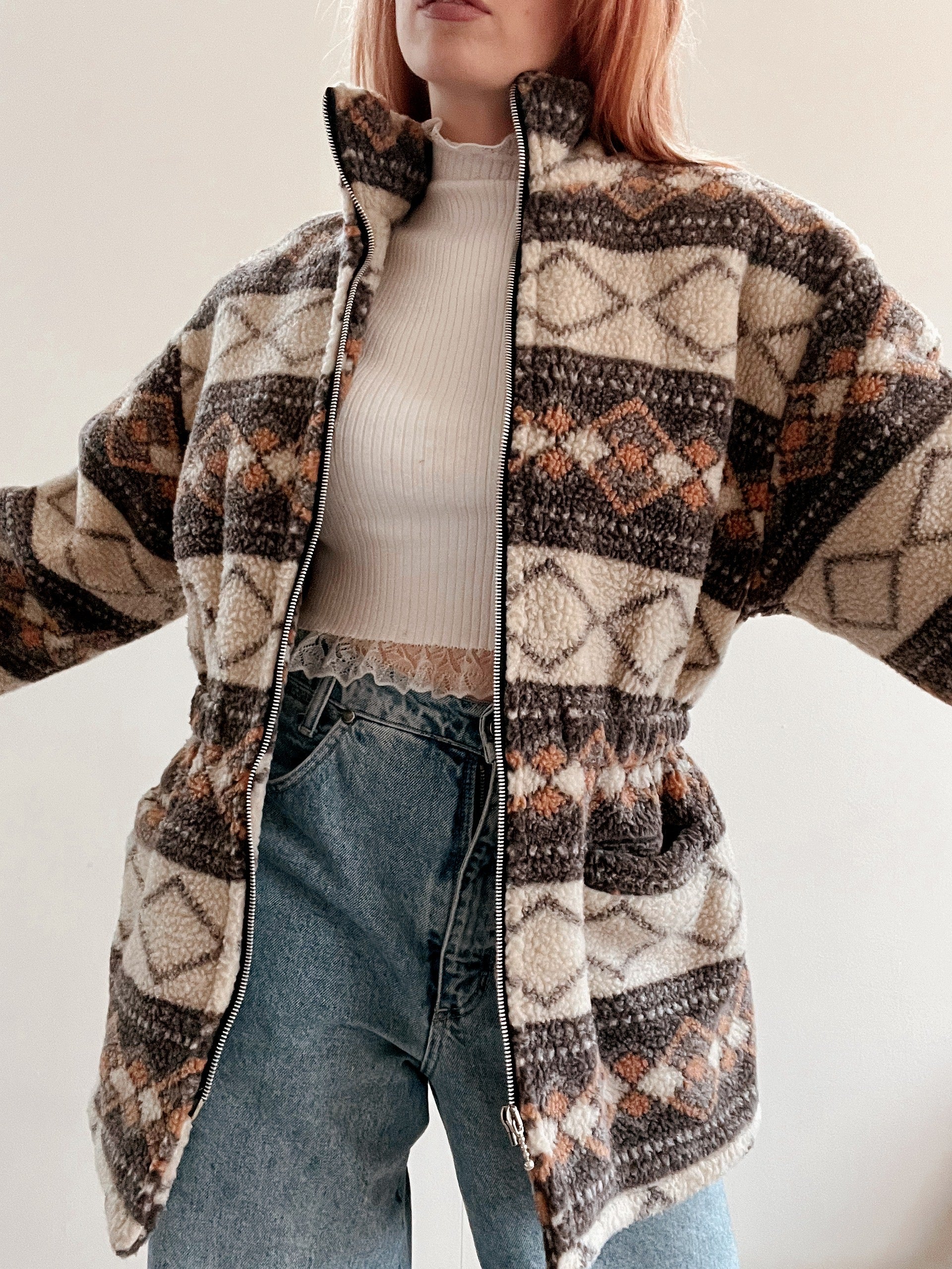 Jacket polaire vintage beige ceintrée M