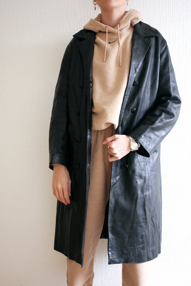 Manteau en cuir noir oversized M/L