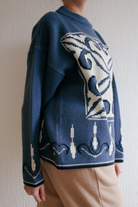 Blue knit turtleneck sweater with beige patterns M