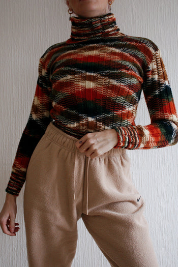 Blue knit turtleneck sweater with beige patterns M