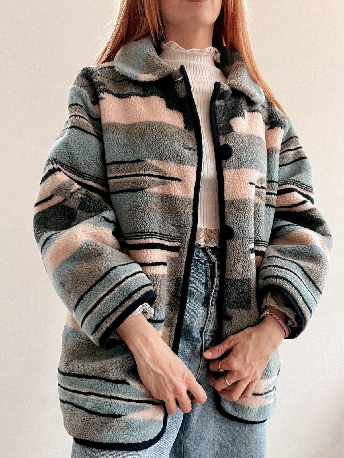 Veste polaire vintage gris / corail  M