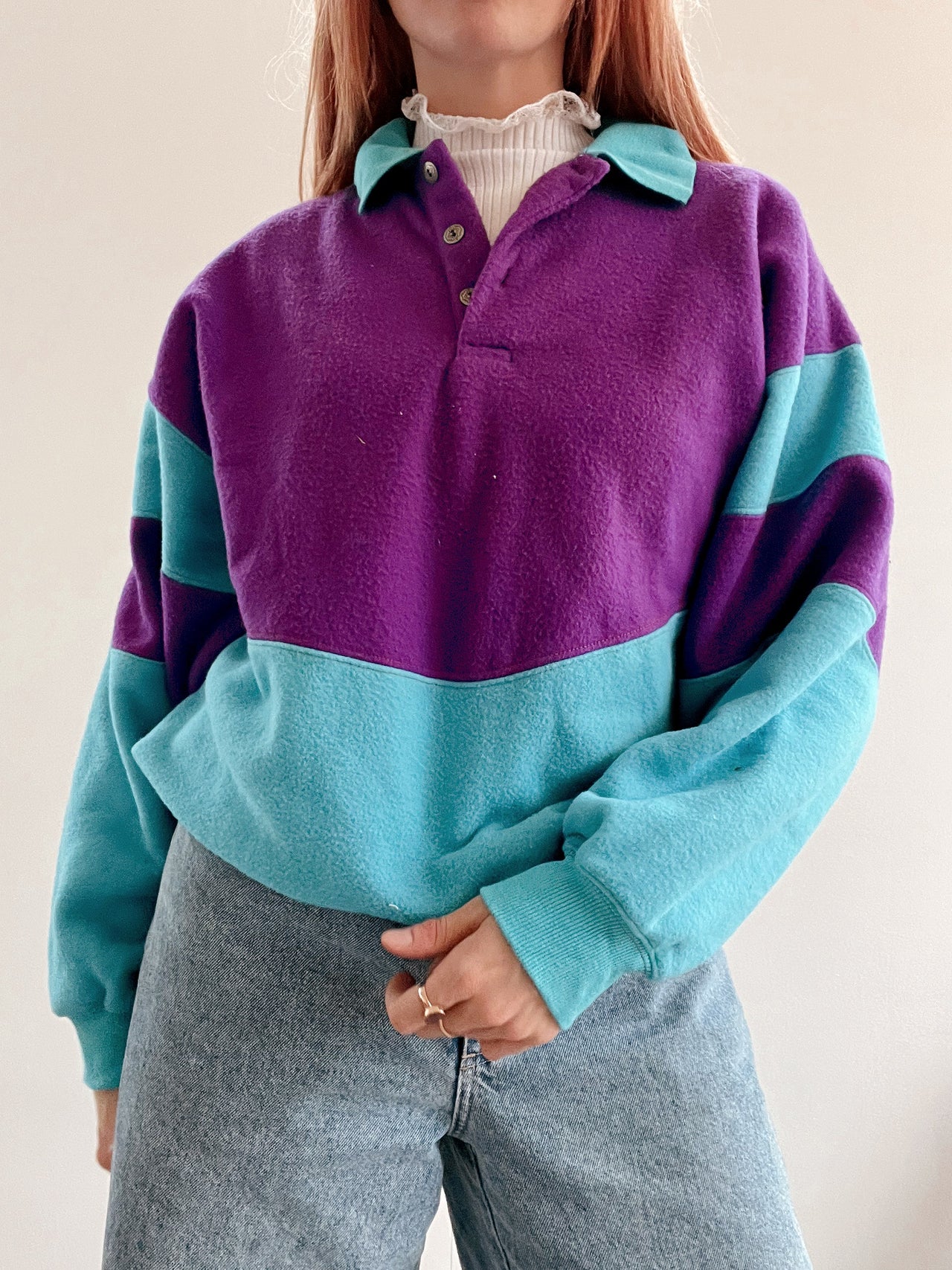 Vintage lila und blauer Fleecepullover L