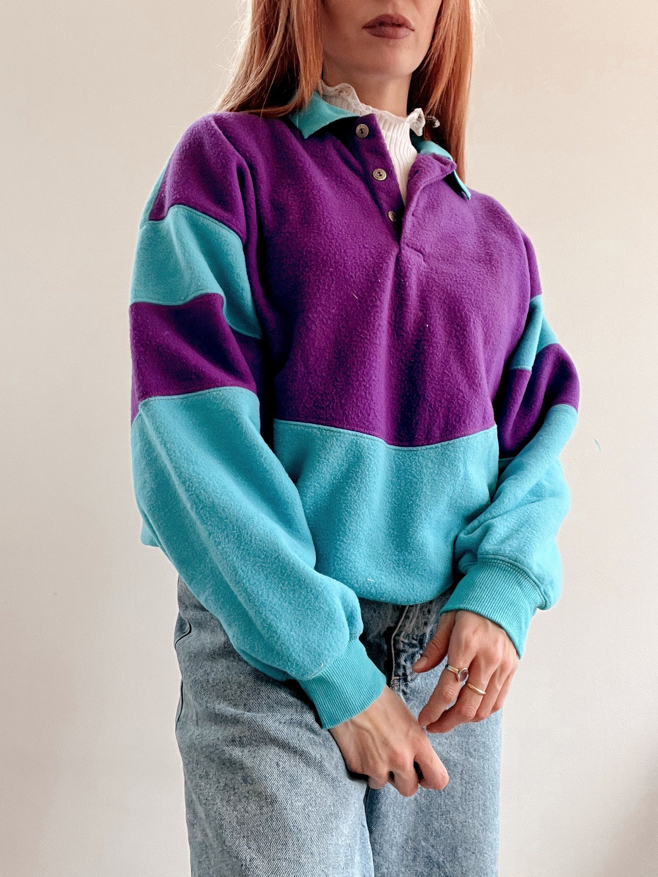 Vintage lila und blauer Fleecepullover L