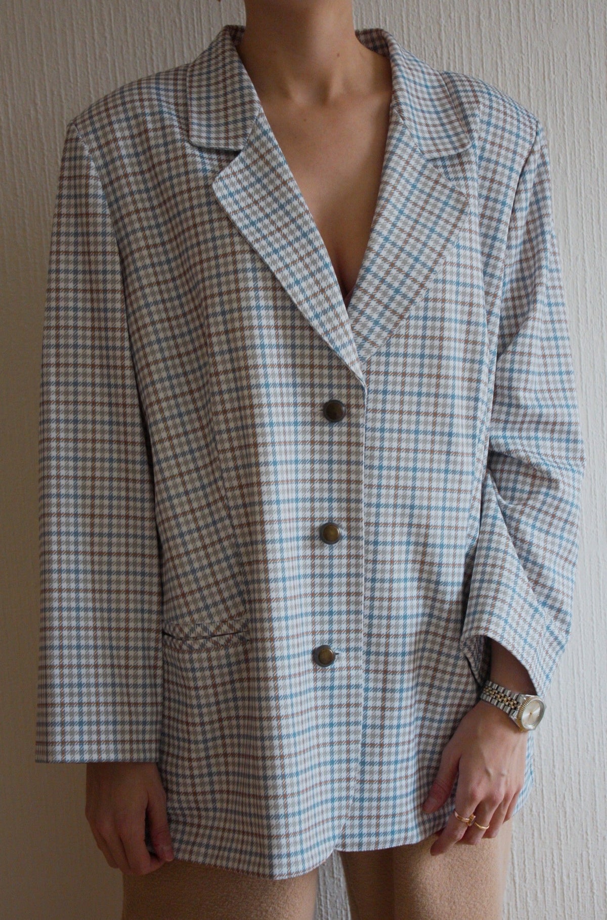 Veste blazer blanche et verte à carreaux L