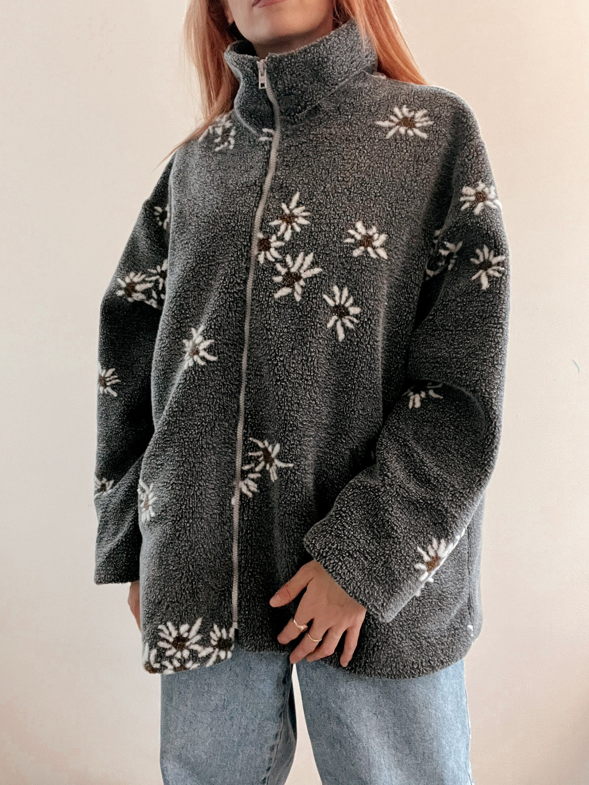 Jacket polaire vintage grise à motifs XL