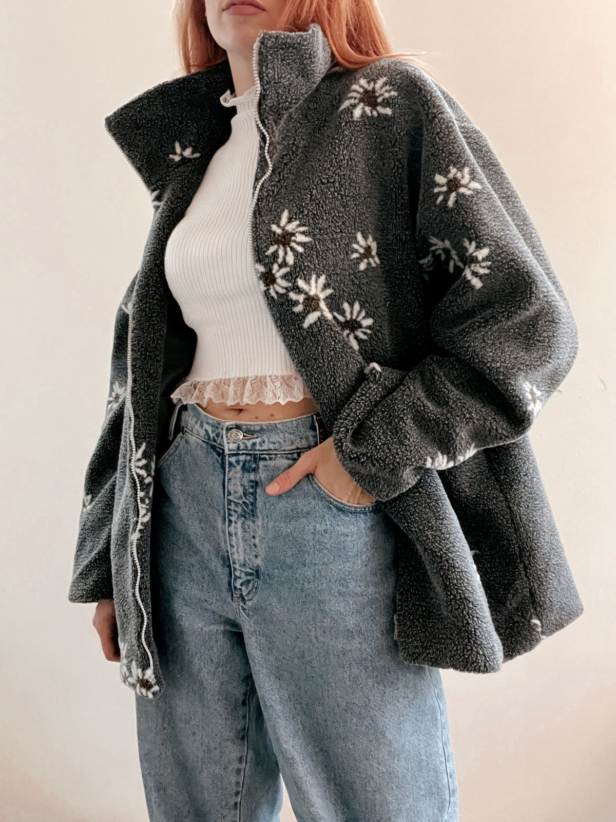 Jacket polaire vintage grise à motifs XL